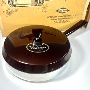 Vintage 1960's West Bend 10" Teflon Coated Covered‎ Skillet Coppertone Cover NOB